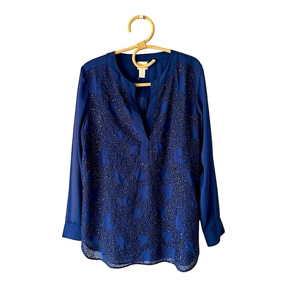 Chicos Cobalt Blue Split Neck Sequin Front Sheer Layered Occassion Blouse - Picture 1 of 13